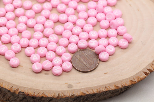 Pink Alphabet Letter Beads, Acrylic Pink Beads with White Letters, Round Acrylic Beads, Mixed Letter Beads, Plastic Name Beads 7mm #3146