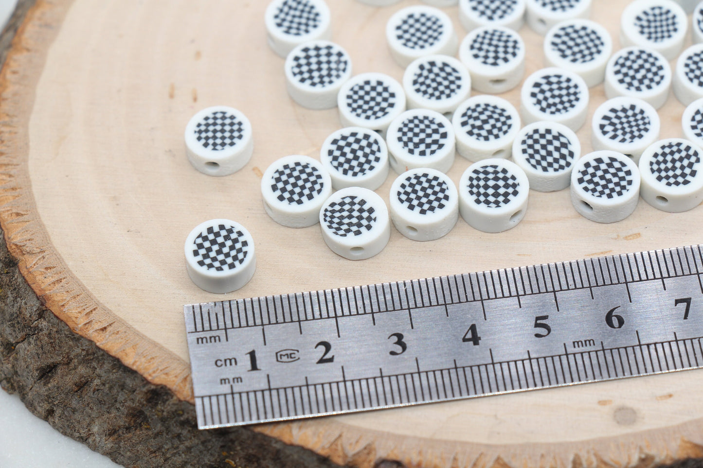 Checkered Polymer Clay Beads, White Round Checkered Clay Beads, Loose Beads, Jewelry Beads, Beads for Bracelet #452
