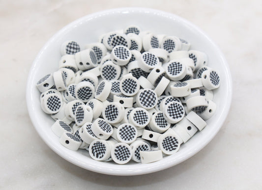 Checkered Polymer Clay Beads, White Round Checkered Clay Beads, Loose Beads, Jewelry Beads, Beads for Bracelet #452