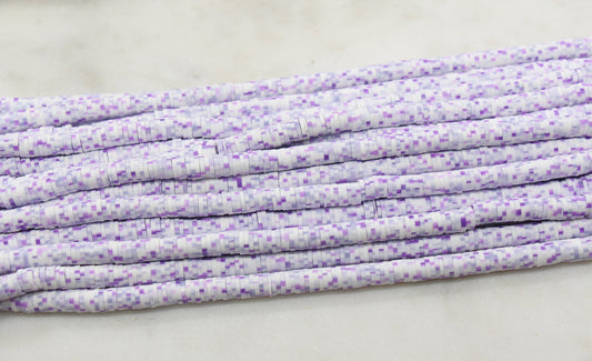 6mm Purple and White Mix Speckled Heishi Beads, Dotted Polymer Clay Disc Beads, African Disc Beads, Bracelet Beads, Full Strand #661