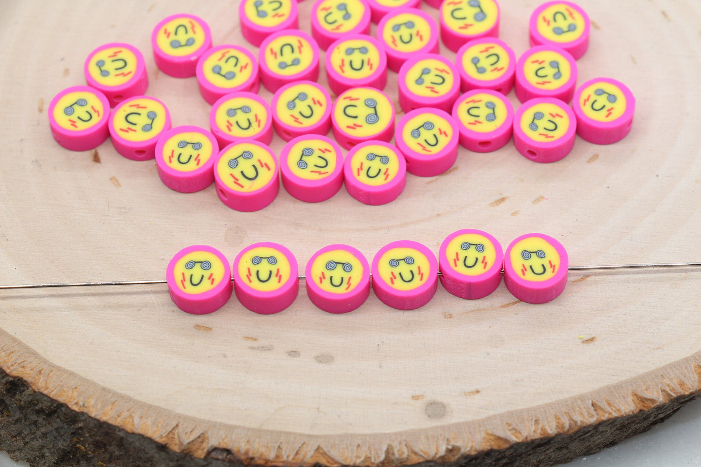 Pink Funny Face Polymer Clay Beads, Smiley Face Beads, Happy Face Beads, Emoji Clay Beads, Bead for Bracelet #441