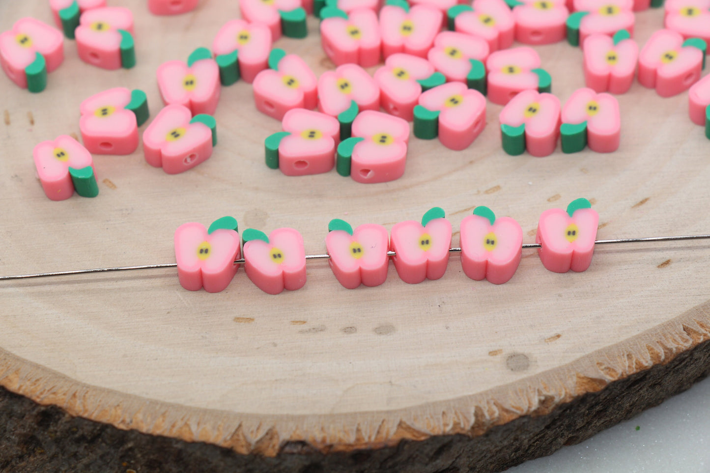 Pink Apple Polymer Clay Beads, Fruit Cane Beads, Red Apple Clay Beads, Sliced Apple Beads, Jewelry Beads, Bracelet Beads #458