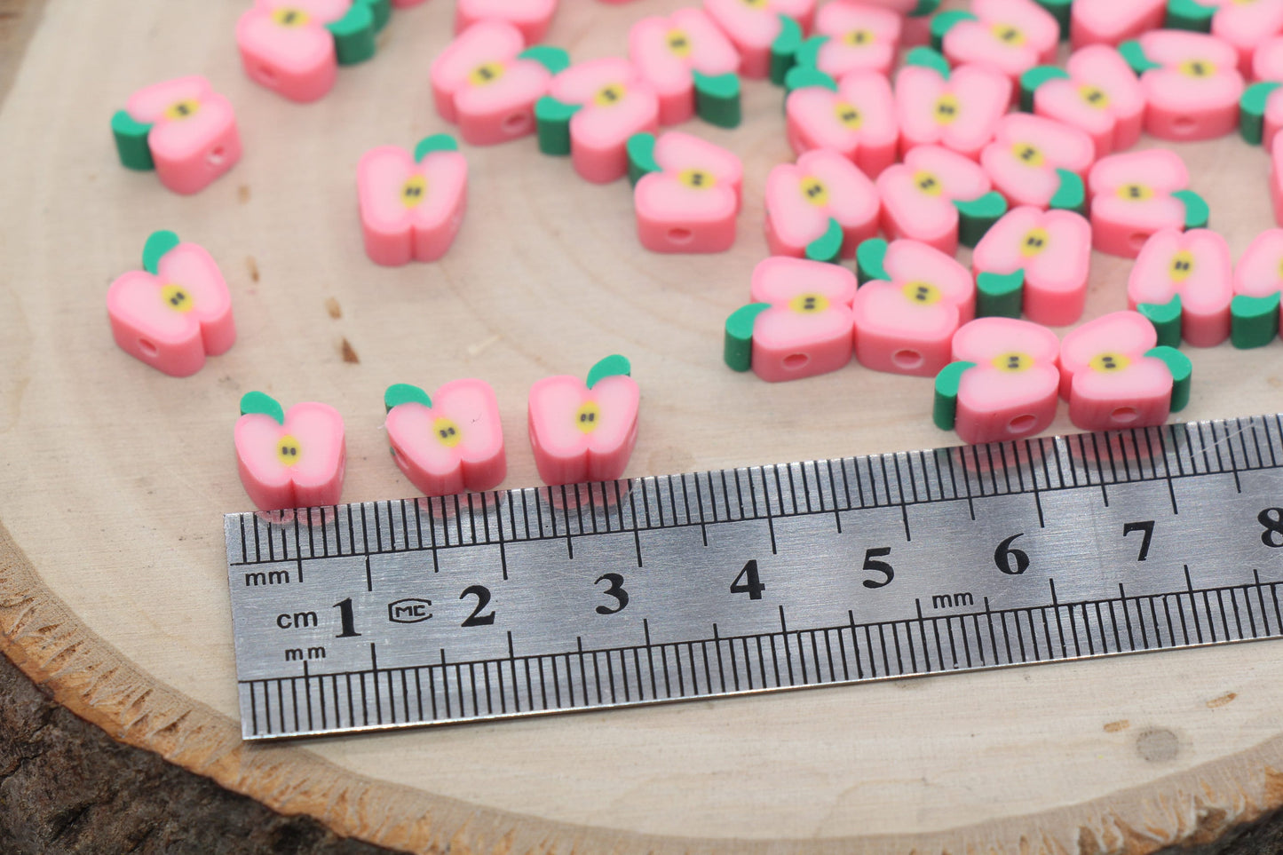 Pink Apple Polymer Clay Beads, Fruit Cane Beads, Red Apple Clay Beads, Sliced Apple Beads, Jewelry Beads, Bracelet Beads #458