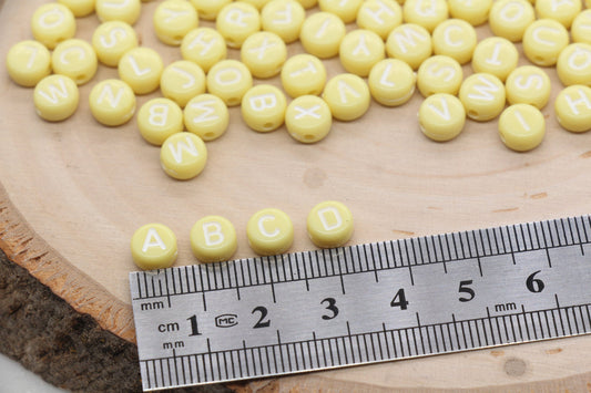 Yellow Alphabet Letter Beads, Acrylic Yellow Beads with White Letters, Round Acrylic Beads, Mixed Letter Beads, Plastic Name Beads 7mm #3148