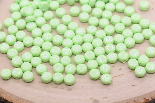 Pastel Green Alphabet Letter Beads, Acrylic Green Beads with White Letters, Round Acrylic Beads, Mix Letter Beads, Name Beads 7mm #3149