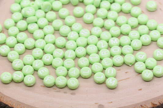 Pastel Green Alphabet Letter Beads, Acrylic Green Beads with White Letters, Round Acrylic Beads, Mix Letter Beads, Name Beads 7mm #3149