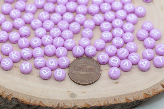 Pastel Purple Alphabet Letter Beads, Acrylic Purple Beads with White Letters, Round Acrylic Beads, Mix Letter Beads, Name Beads 7mm #3150