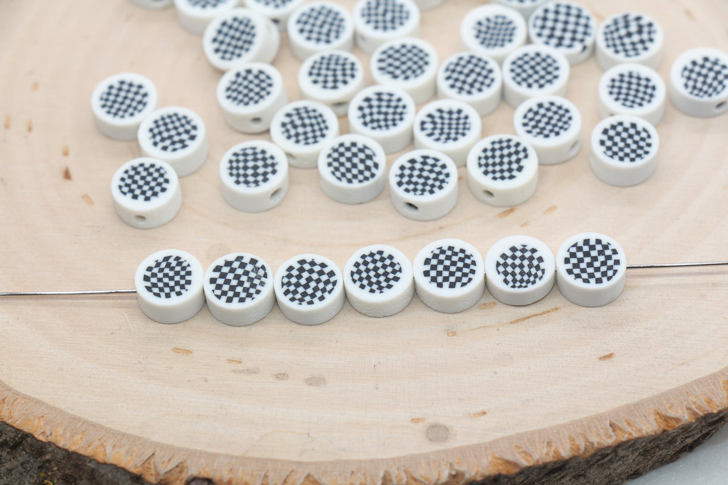 Checkered Polymer Clay Beads, White Round Checkered Clay Beads, Loose Beads, Jewelry Beads, Beads for Bracelet #452