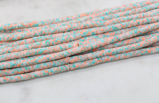 6mm Green and Orange Mix Speckled Heishi Beads, Dotted Polymer Clay Disc Beads, African Disc Beads, Bracelet Beads, Full Strand #641