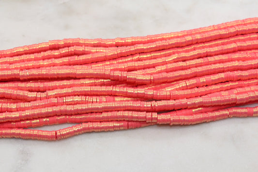 6mm Shimmer Coral Orange Color Polymer Clay Disc Beads, Shiny Coral Heishi Beads, African Disc Beads, Vinyl Heishi, Full Strand #683
