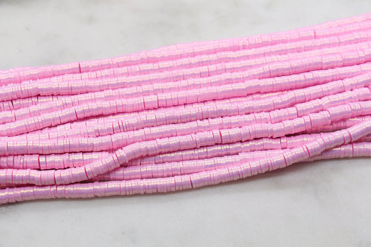6mm Shimmer Pink Color Polymer Clay Disc Beads, Shiny Pink Heishi Beads, African Disc Beads, Vinyl Heishi, Full Strand #687