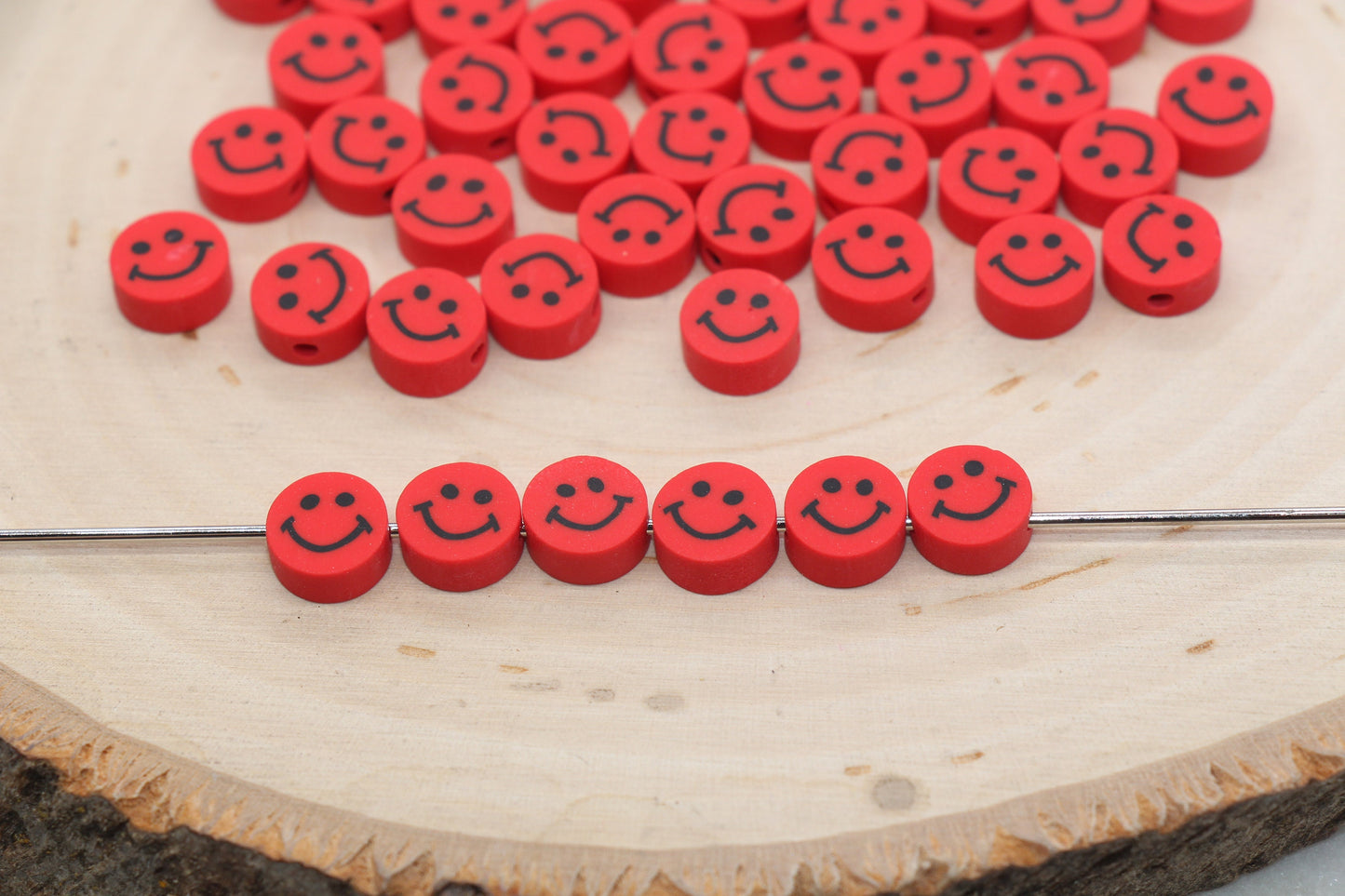Red Smiley Face Polymer Clay Beads, Smiley Face Fimo Cane Beads, Happy Face Emoji Beads, Bead for Bracelet, Beading Supplies #487