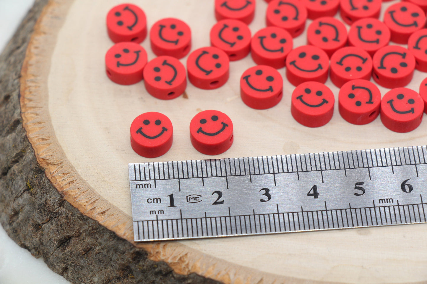 Red Smiley Face Polymer Clay Beads, Smiley Face Fimo Cane Beads, Happy Face Emoji Beads, Bead for Bracelet, Beading Supplies #487