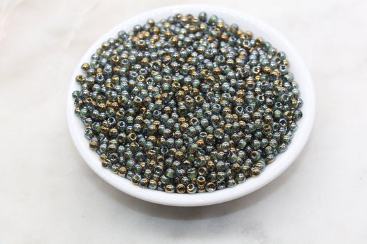 Gold with Green Lining Ombre Glass Beads, 4mm Glass Round Seed Beads, Shiny Seed Beads, Beading Supplies, Beads for Bracelet #3196