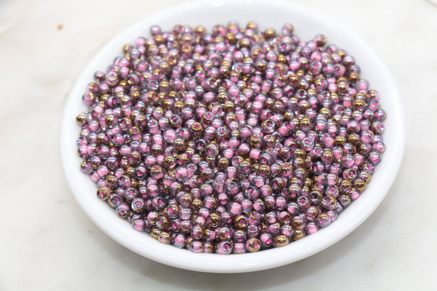 Gold with Pink Lining Ombre Glass Beads, 4mm Glass Round Seed Beads, Shiny Seed Beads, Beading Supplies, Beads for Bracelet #3202