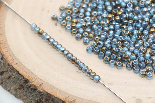 Gold with Blue Lining Ombre Glass Beads, 4mm Glass Round Seed Beads, Shiny Seed Beads, Beading Supplies, Beads for Bracelet #3204