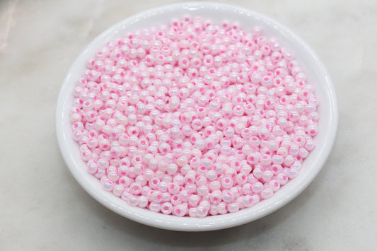 Iridescent Glass Seed Beads, 4mm Shiny Round Glass Seed Beads, Pink AB Opaque Seed Beads, Rocailles Beads, Beading Supplies #3218
