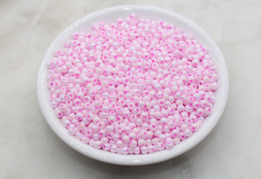 Iridescent Glass Seed Beads, 4mm Shiny Round Glass Seed Beads, Pink AB Opaque Seed Beads, Rocailles Beads, Beading Supplies #3224