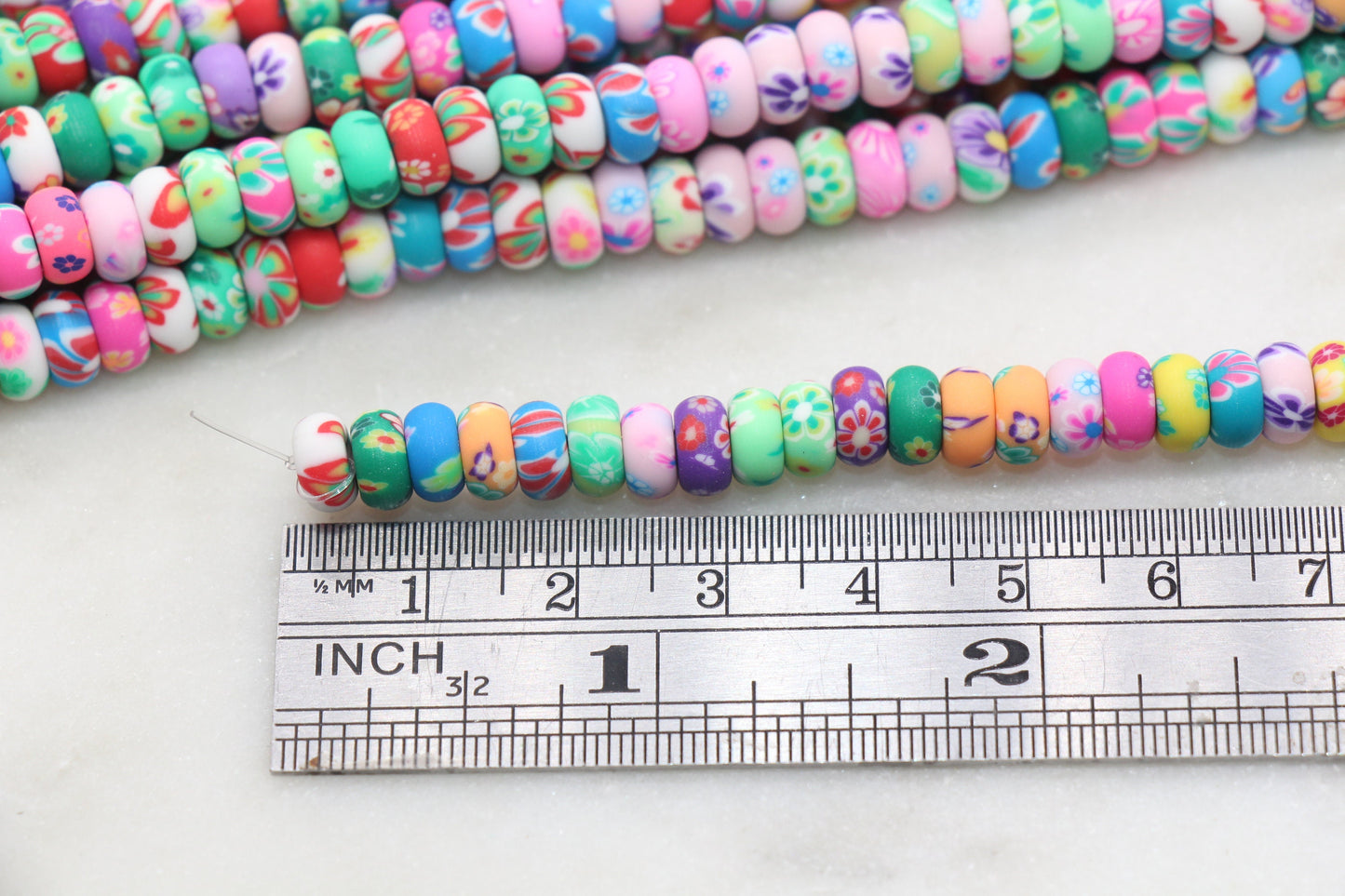 Flower Polymer Clay Beads, Rondelle Multicolor Flower Beads, Floral Clay Beads, Beads for Bracelets, Kids Craft Beads, Full Strand, #440