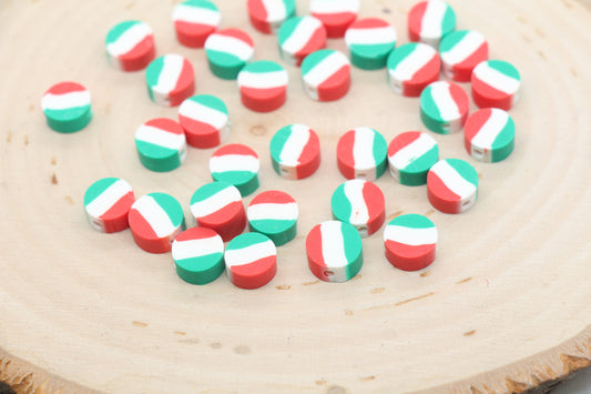 Italy Flag Clay Beads, Round Shape Country Flag Clay Beads, Green, White and Red Flag Polymer Clay Beads, Clay Jewelry Beads #475