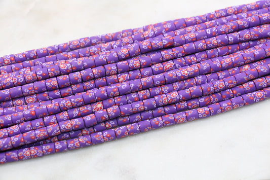 6mm Wide Column Chunky Polymer Clay Beads, Purple Flower Printed Heishi Spacer Beads, Clay Tube Beads, Barrel Beads Heishi Beads #485