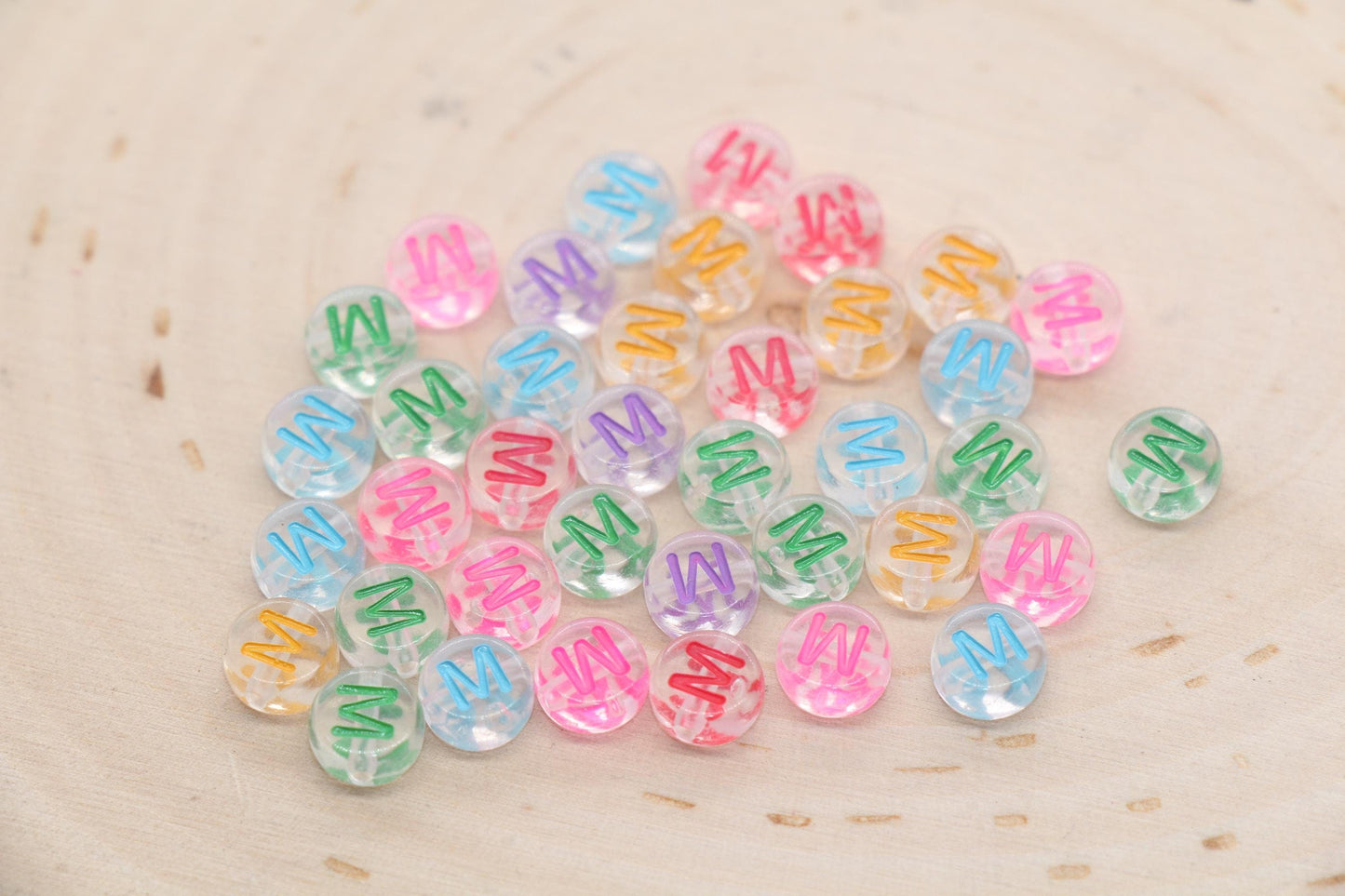Letter M Alphabet Beads, Transparent Beads with Mix Color Letters, Individual Letter Beads, Name Initial Beads, Beads for Bracelet, Size 7mm