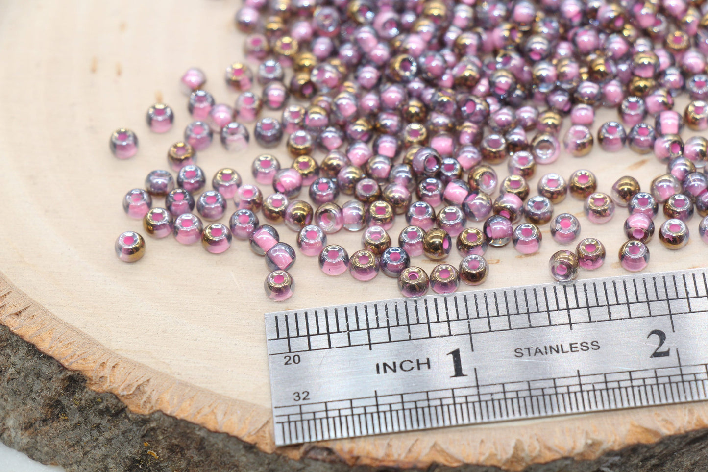 Gold with Pink Lining Ombre Glass Beads, 4mm Glass Round Seed Beads, Shiny Seed Beads, Beading Supplies, Beads for Bracelet #3202