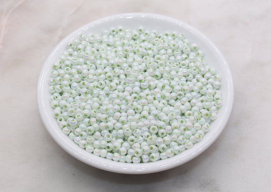 Iridescent Glass Seed Beads, 4mm Shiny Round Glass Seed Beads, Light Green AB Opaque Seed Beads, Rocailles Beads, Beading Supplies #3223