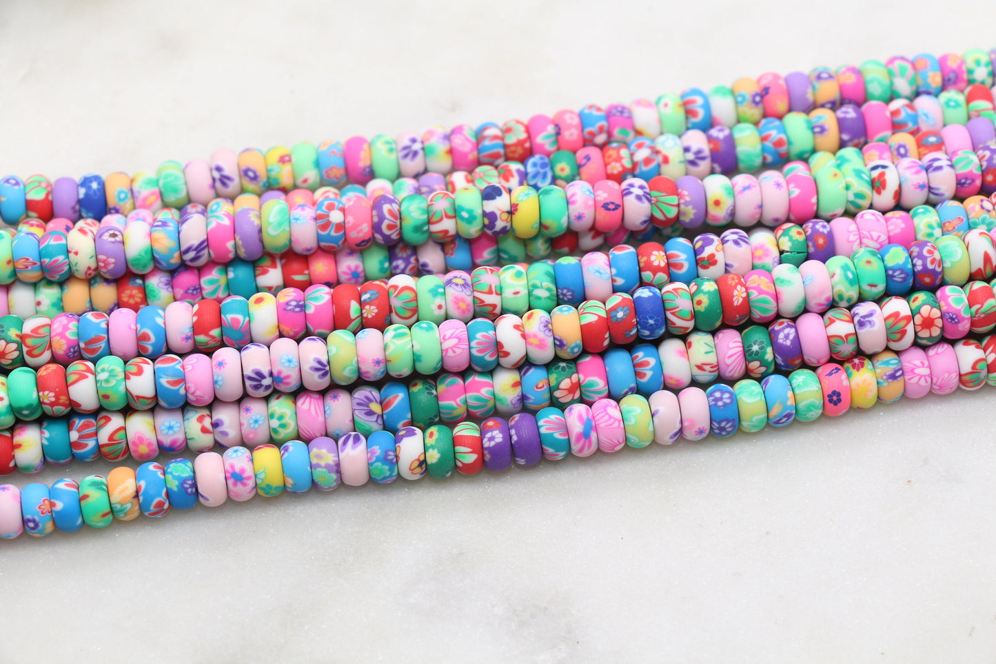 Flower Polymer Clay Beads, Rondelle Multicolor Flower Beads, Floral Clay Beads, Beads for Bracelets, Kids Craft Beads, Full Strand, #440