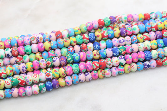Flower Polymer Clay Beads, Rondelle Multicolor Flower Beads, Floral Clay Beads, Beads for Bracelets, Kids Craft Beads, Full Strand, #345
