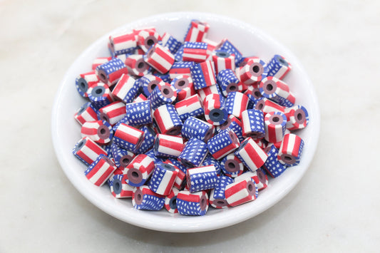 Tube Shape Patriotic American Flag Clay Beads, United States Flag Polymer Clay Beads, US Flag Beads, Tube Shape Clay Beads #530