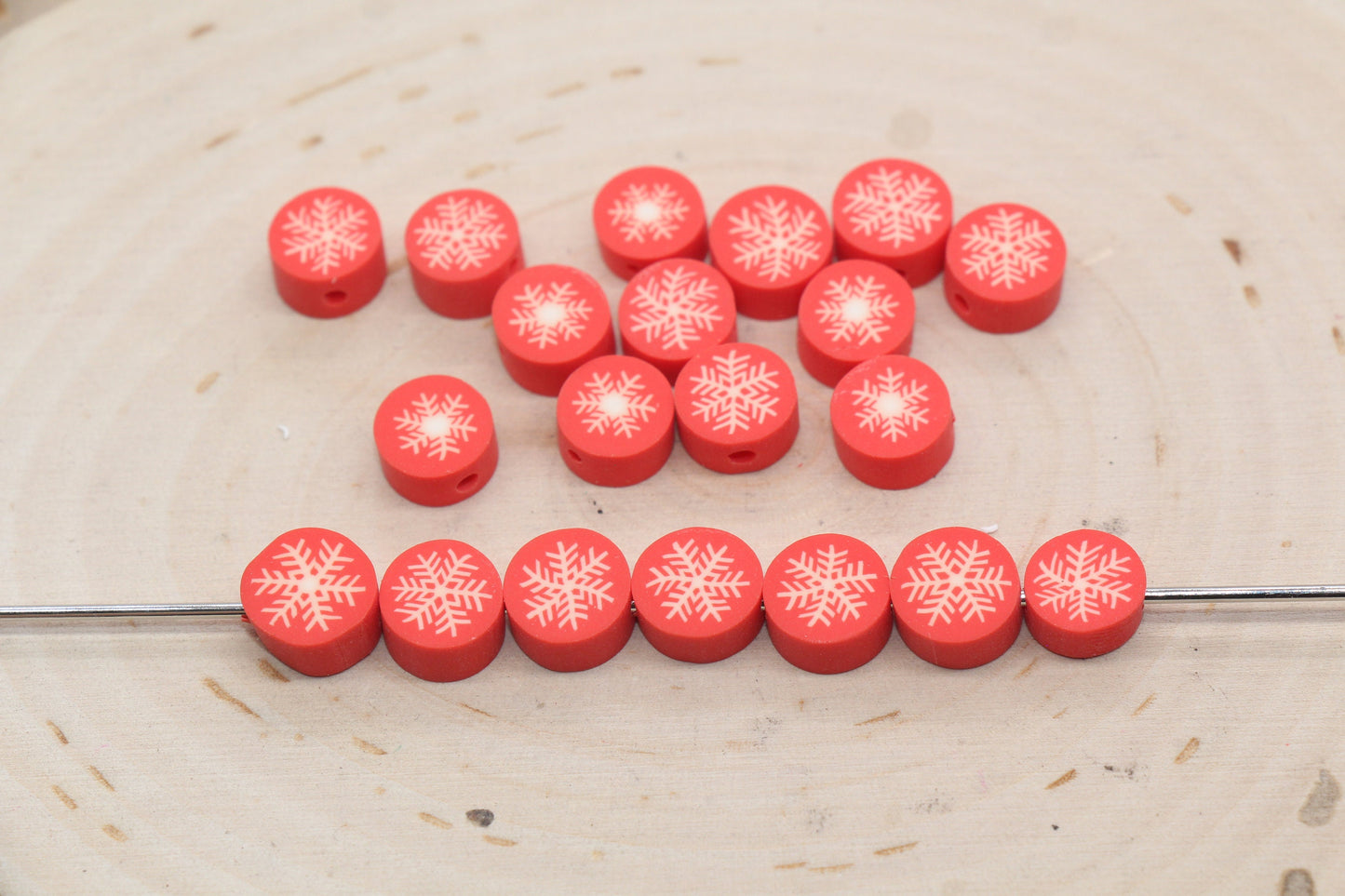 Snowflake Polymer Clay Beads, Round Snow Clay Beads, Winter Themed Clay Beads, Holiday Themed Beads, Jewelry Beads, Beads for Bracelet #549
