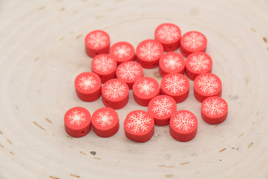 Snowflake Polymer Clay Beads, Round Snow Clay Beads, Winter Themed Clay Beads, Holiday Themed Beads, Jewelry Beads, Beads for Bracelet #549