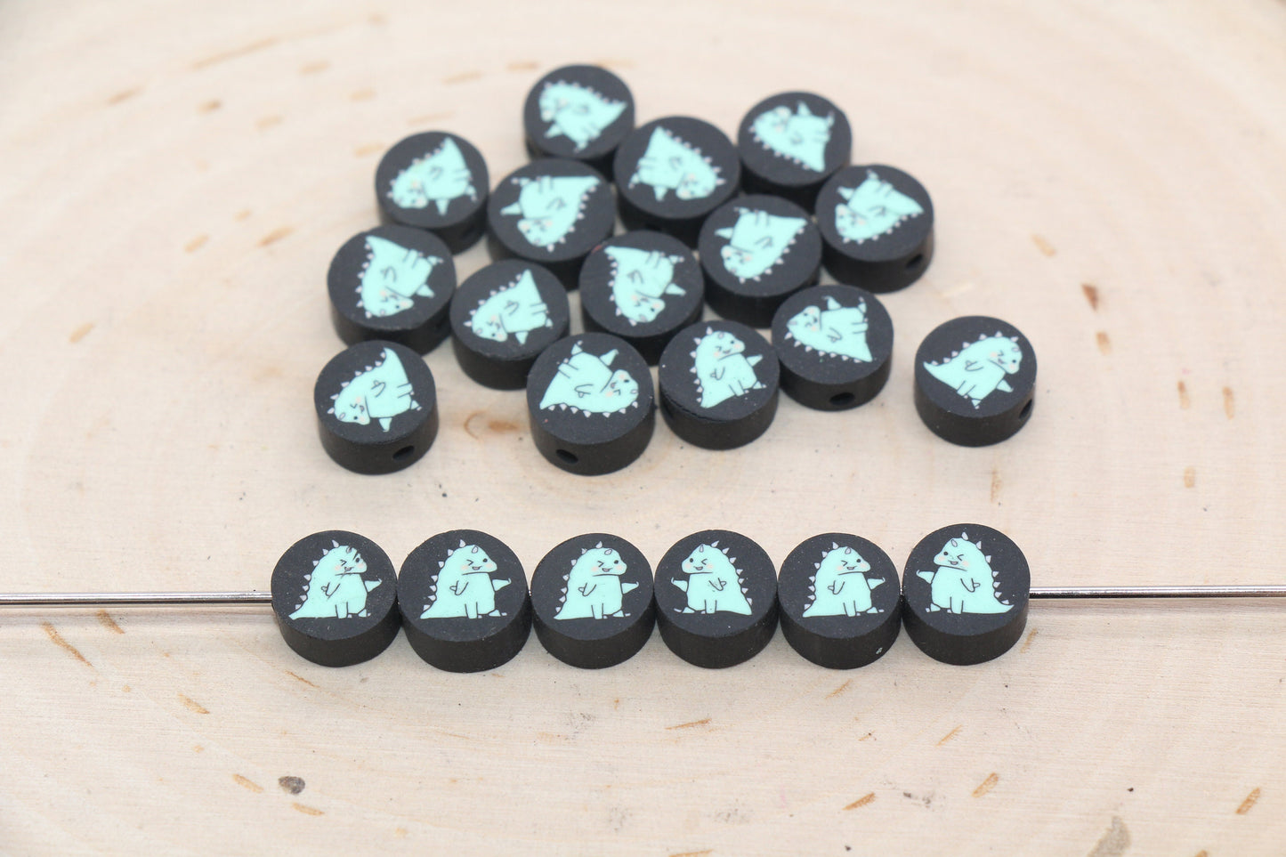 Kawaii Dinosaur Polymer Clay Beads, Green Dinosaur Round Shape Clay Beads, Jewelry Beads, Beads for Bracelet #555
