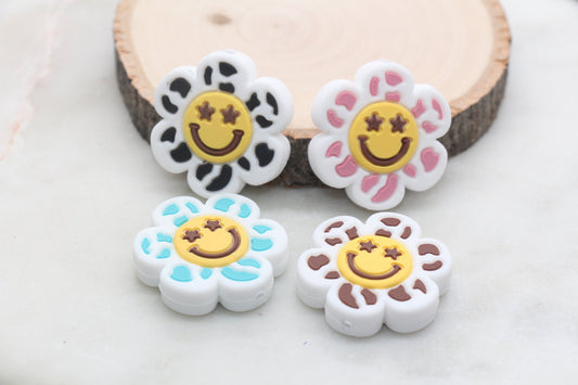 Smiley Face Flower Silicone Beads, Happy Face Flower Silicone Beads, Chunky Beads, Silicone Loose Beads, Focal Beads #557