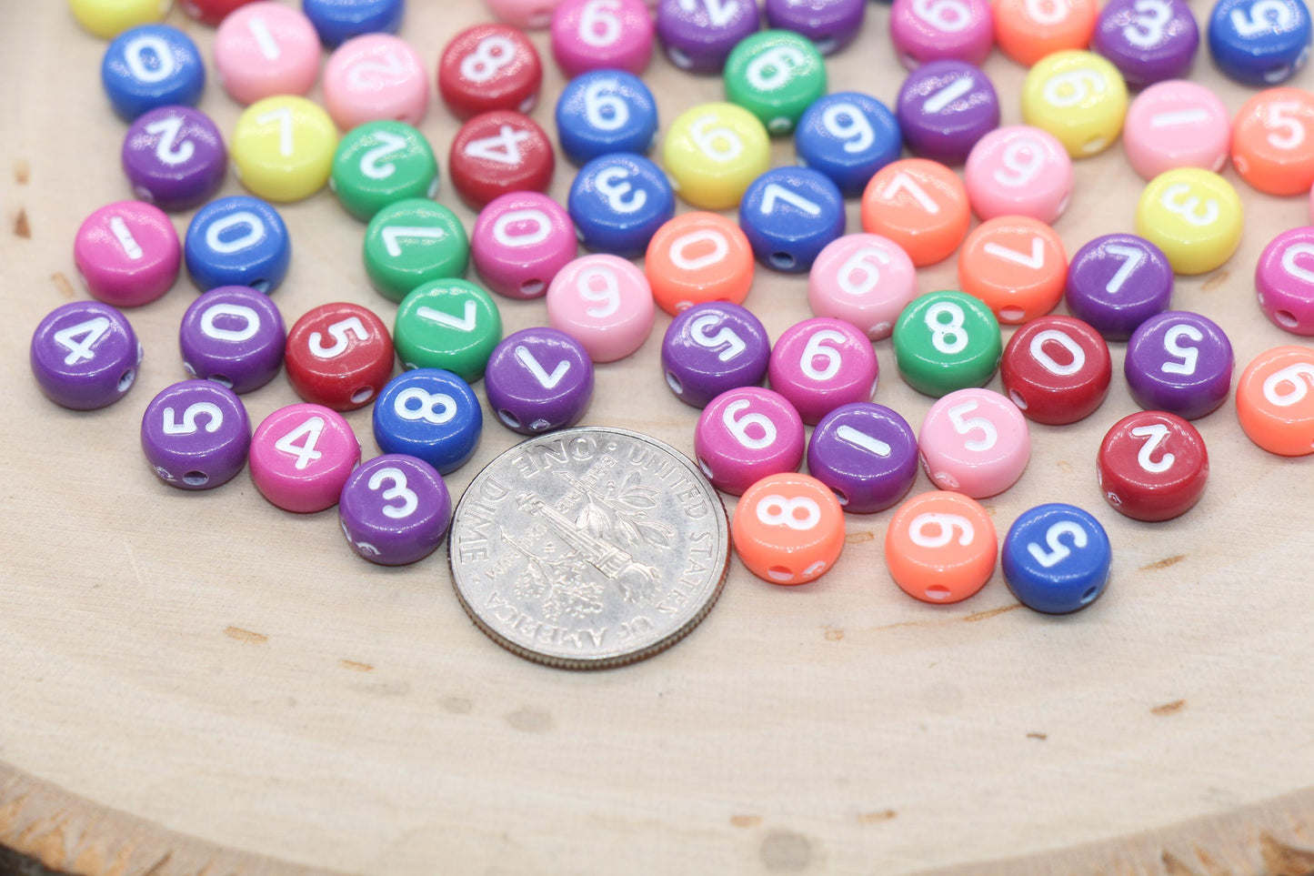 multicolor 7 mm round acrylic number beads, mixed set; white with color numbers