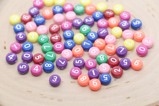 multicolor 7 mm round acrylic number beads, mixed set; white with color numbers