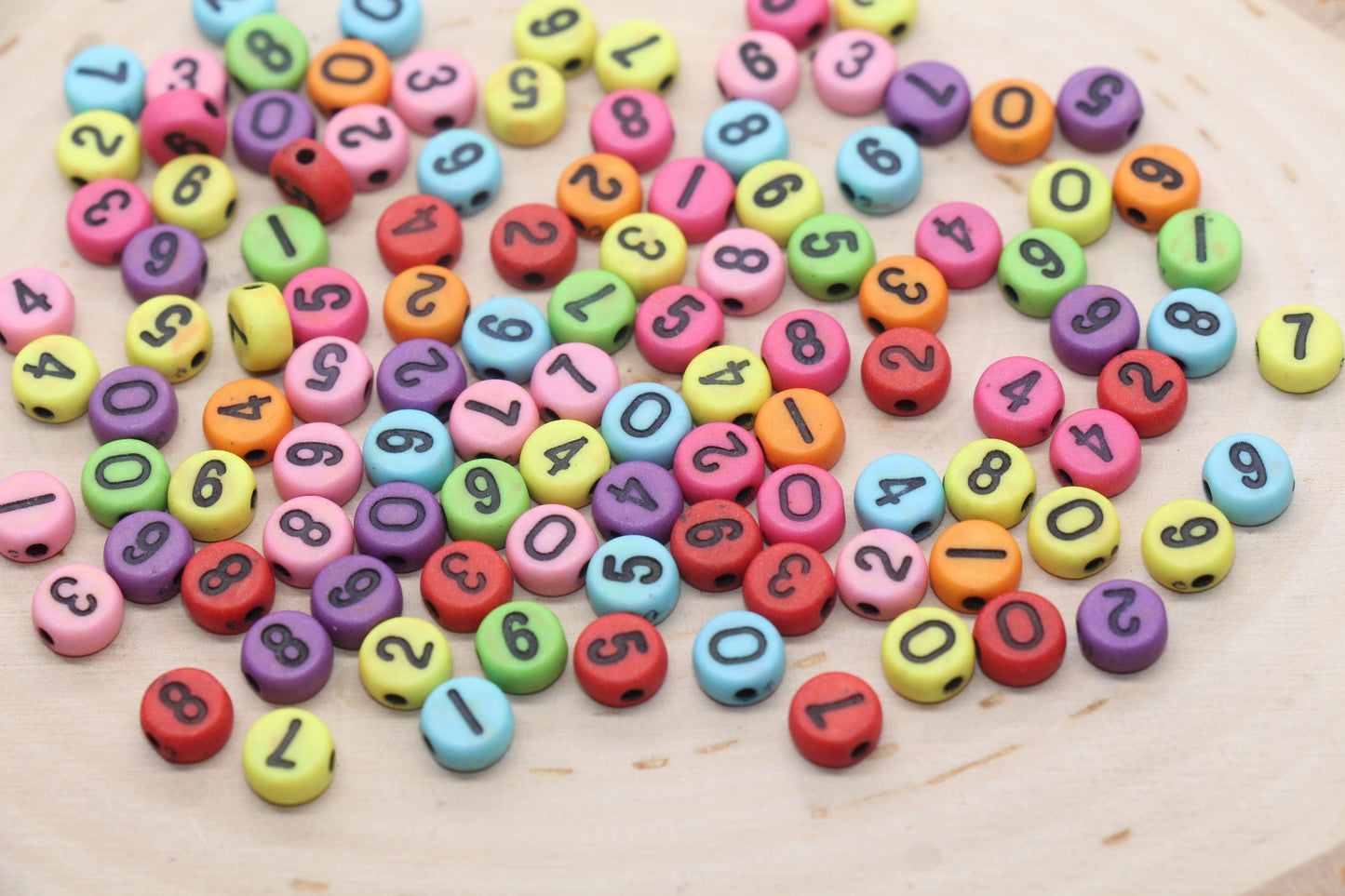 7 mm round acrylic mixed number beads, multicolor with black numbers; multicolor beads with black numbers