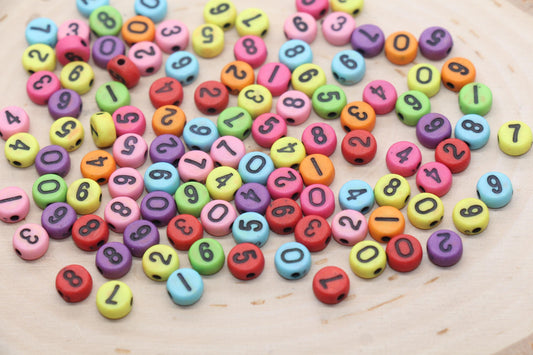 7 mm round acrylic mixed number beads, multicolor with black numbers; multicolor beads with black numbers