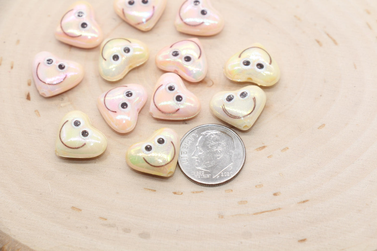 Smiley Face Heart Beads, Iridescent Heart Beads, Heart Chunky Acrylic Beads, Happy Face Beads, Jewelry Making Beads #3288 #3289