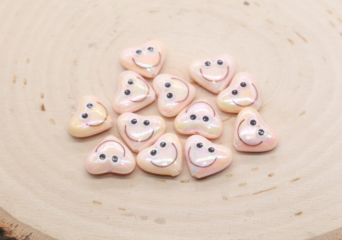 Smiley Face Heart Beads, Iridescent Heart Beads, Heart Chunky Acrylic Beads, Happy Face Beads, Jewelry Making Beads #3288 #3289