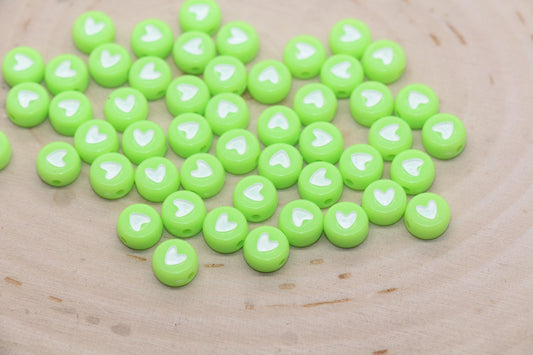 Green Heart Beads, Green Beads with White Hearts, Heart Symbol Beads, Round Beads, Acrylic Symbol Beads, Size 7mm #878