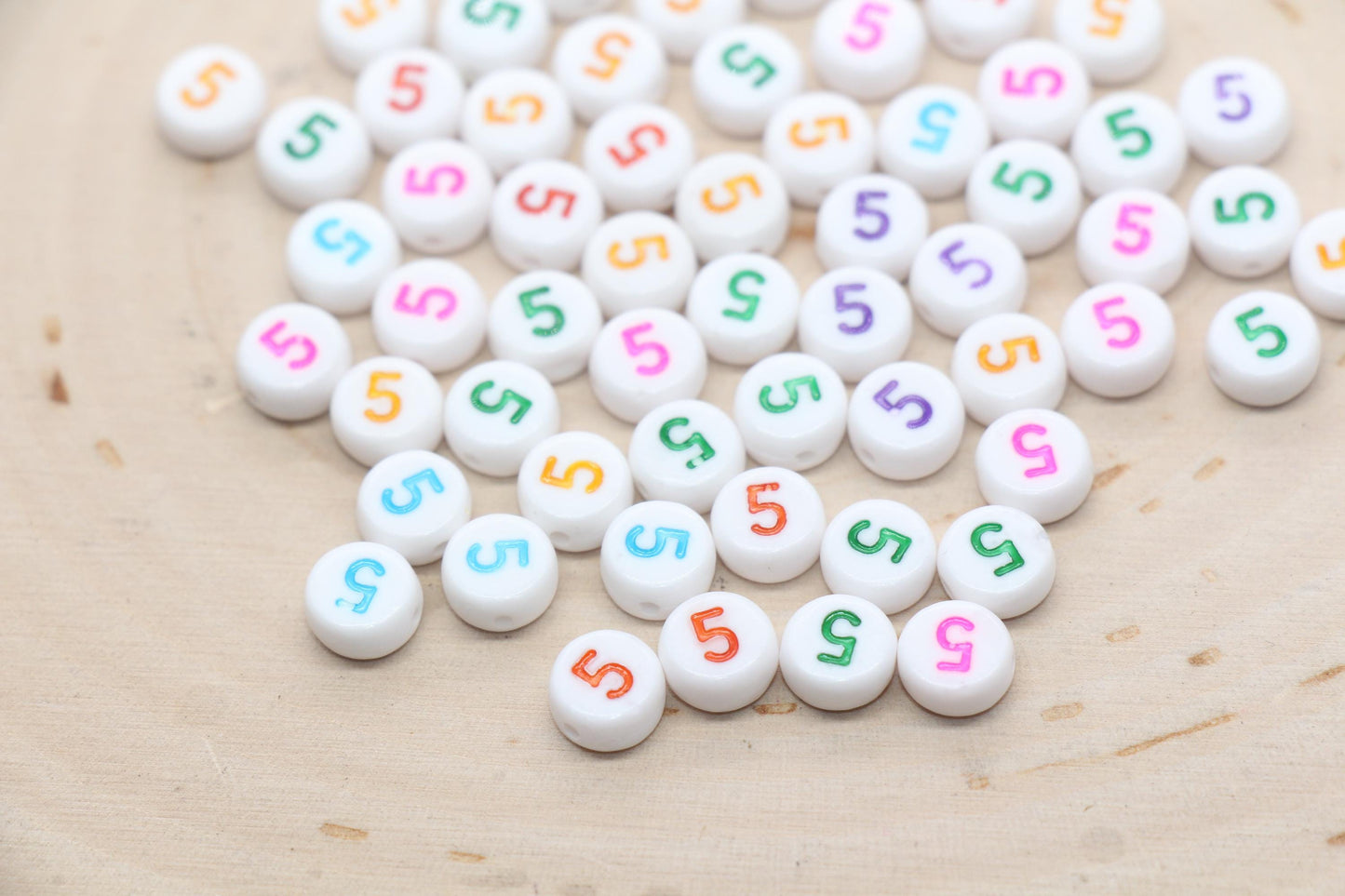 Individual 7mm round acrylic number bead, white with multicolor number 5