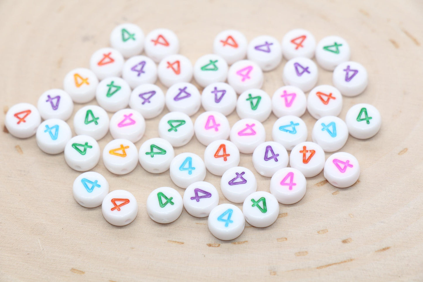 Individual 7mm round acrylic number bead, white with multicolor number 4