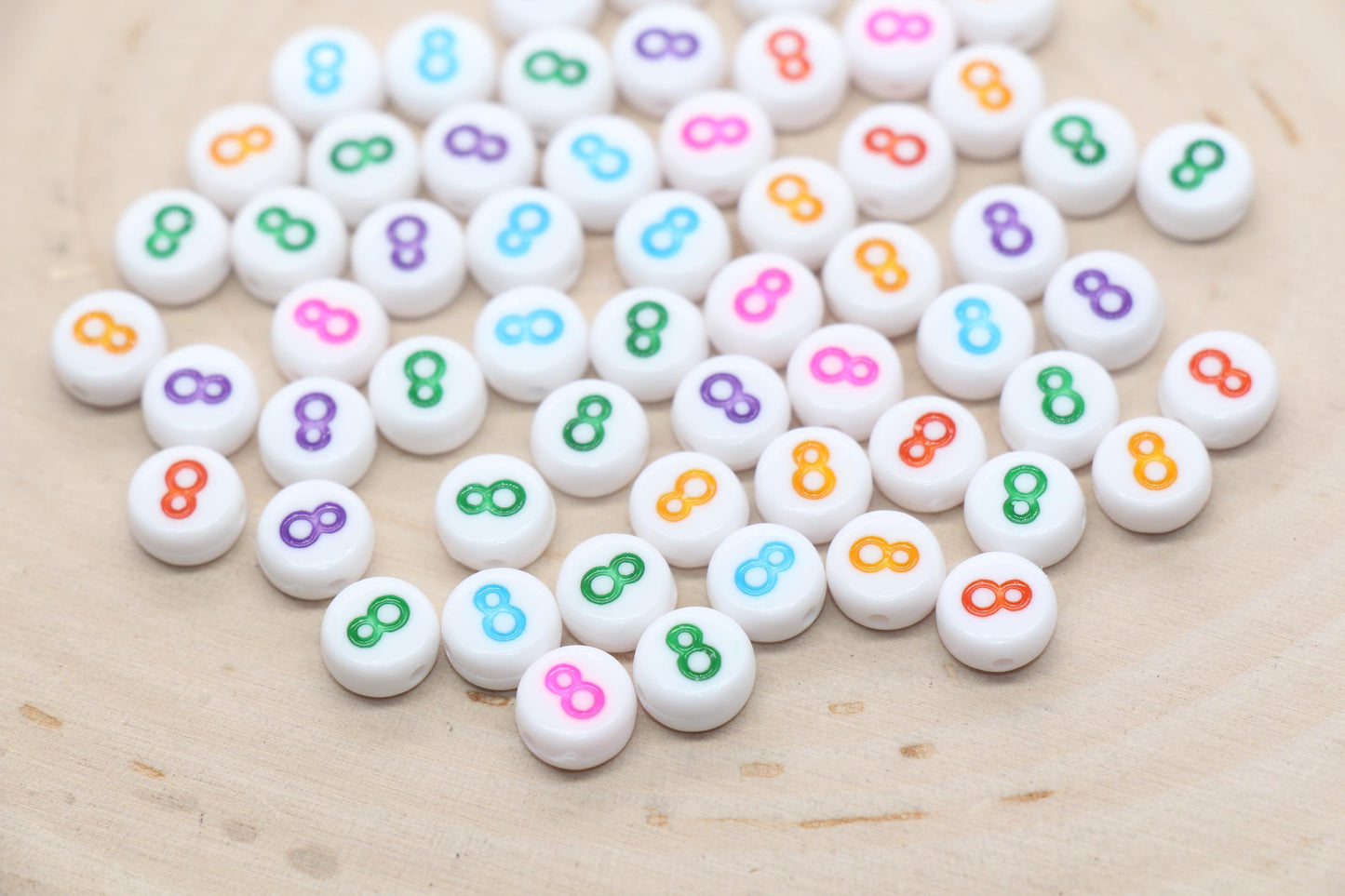 Individual 7mm round acrylic number bead, white with multicolor number 8