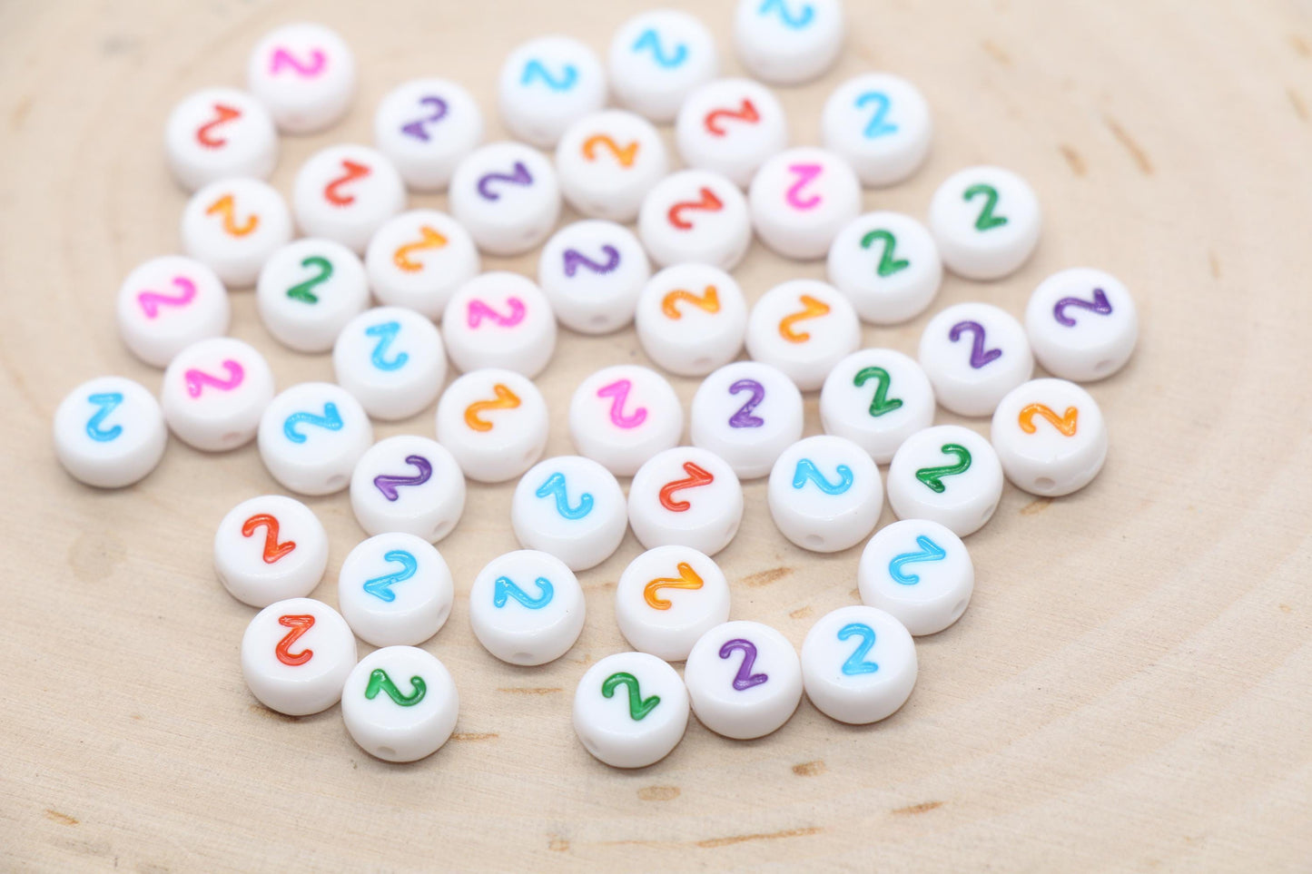 Individual 7mm round acrylic number bead, white with multicolor number 2