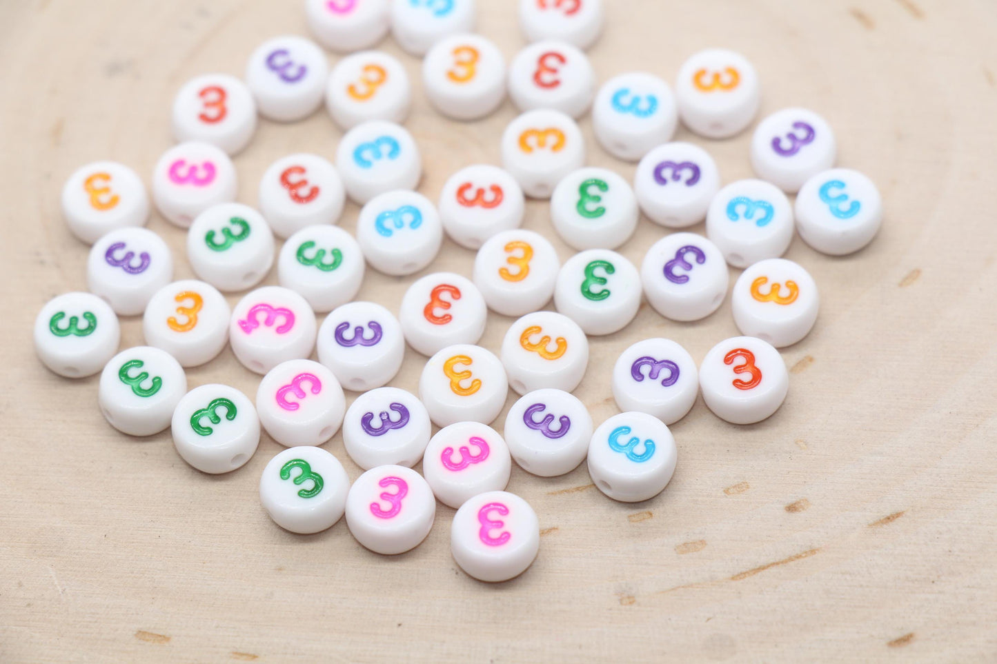 Individual 7mm round acrylic number bead, white with multicolor number 3