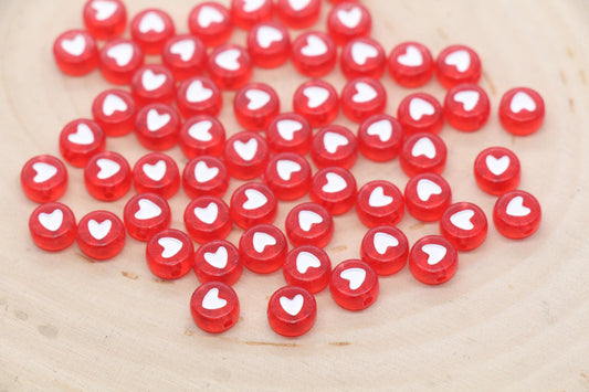 Translucent Red Heart Beads, Red Beads with White Hearts, Heart Symbol Beads, Round Beads, Acrylic Symbol Beads, Size 7mm #17
