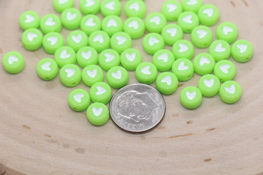 Green Heart Beads, Green Beads with White Hearts, Heart Symbol Beads, Round Beads, Acrylic Symbol Beads, Size 7mm #878