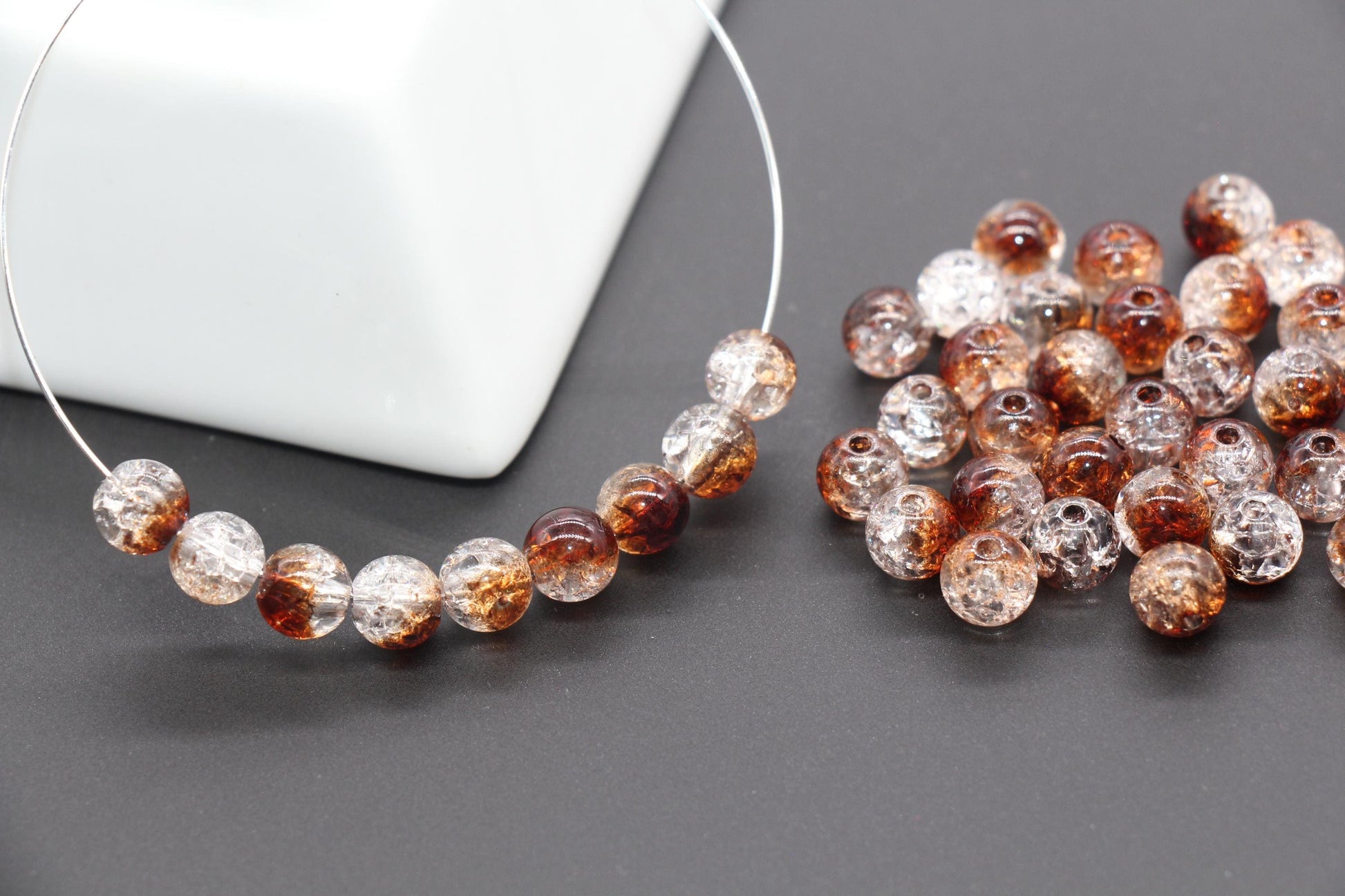 8mm Brown and Clear Ombre Crackle Beads, Acrylic Crackle Loose Beads, Bubblegum Beads, Chunky Beads, Crackle Beads #3300